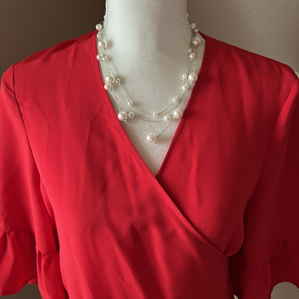 Draper James red wrap top with ruffle sleeve. Size 10. - Picture 3 of 9